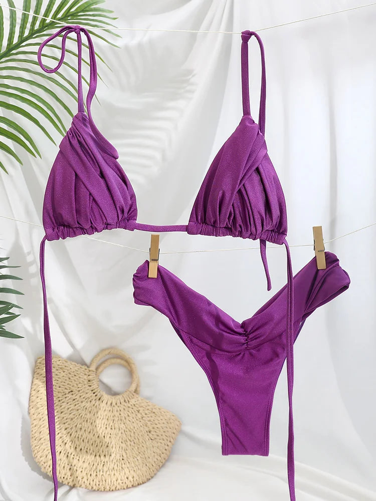Pleated Brazilian Folds Bikini Set, Sexy Micro Bikinis, 2023 Women Swimsuit, Female Triangle Swimwear, Beach Wear Bathing Suit - 3KDyn